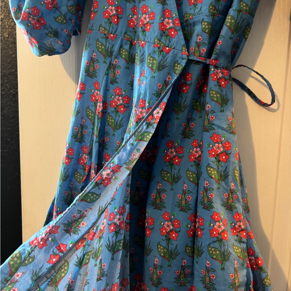 RHODE claudine blue floral wrap midi dress with puff sleeves - Picture 7 of 11